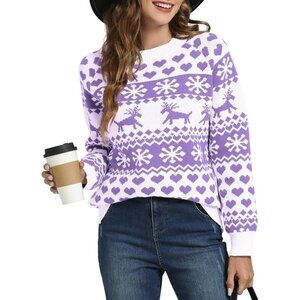Women Ugly Christmas Purple Sweater Reindeer Snowflake Knit Pullover Crew Neck
